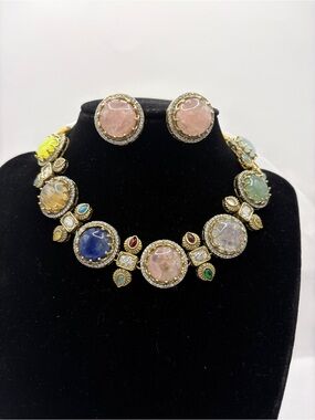 Elegant Multicolor Sabya Doublet Gemstone Statement Necklace and Earring Set